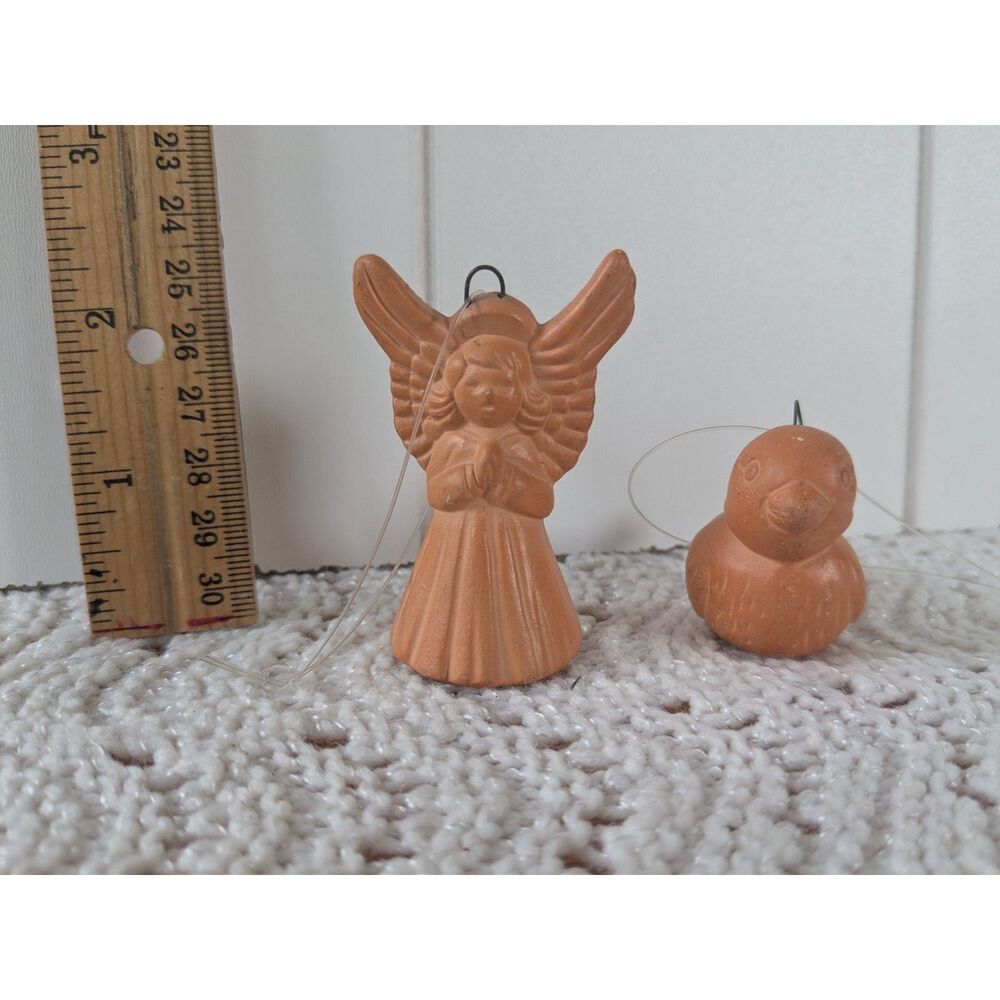 2 pcs terracotta angel and bird tree ornaments, made in Mexico